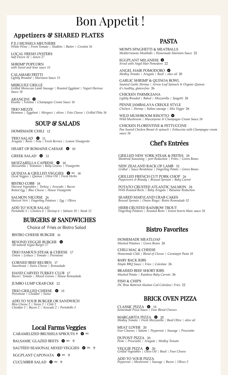 Dinner Menu 2023 Trio Bistro DC